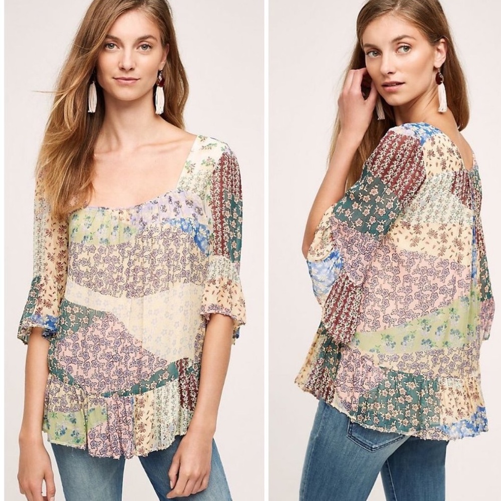 Anthropologie Floreat Patchwork Print Peasant Top M Beaded Whimsy Boho Blouse